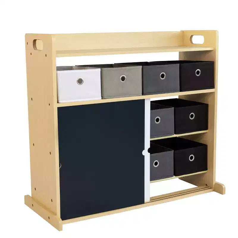 Meuble de rangement pour enfants avec bacs en tissu et portes à gribouiller, bois naturel : cadre en MDF, 1 étagère, à partir de 2 ans, 34&amp;#34; de largeur x 32&amp;#34; de hauteur
