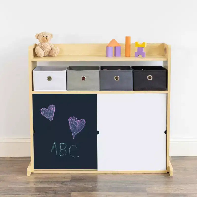 Meuble de rangement pour enfants avec bacs en tissu et portes à gribouiller, bois naturel : cadre en MDF, 1 étagère, à partir de 2 ans, 34&amp;#34; de largeur x 32&amp;#34; de hauteur