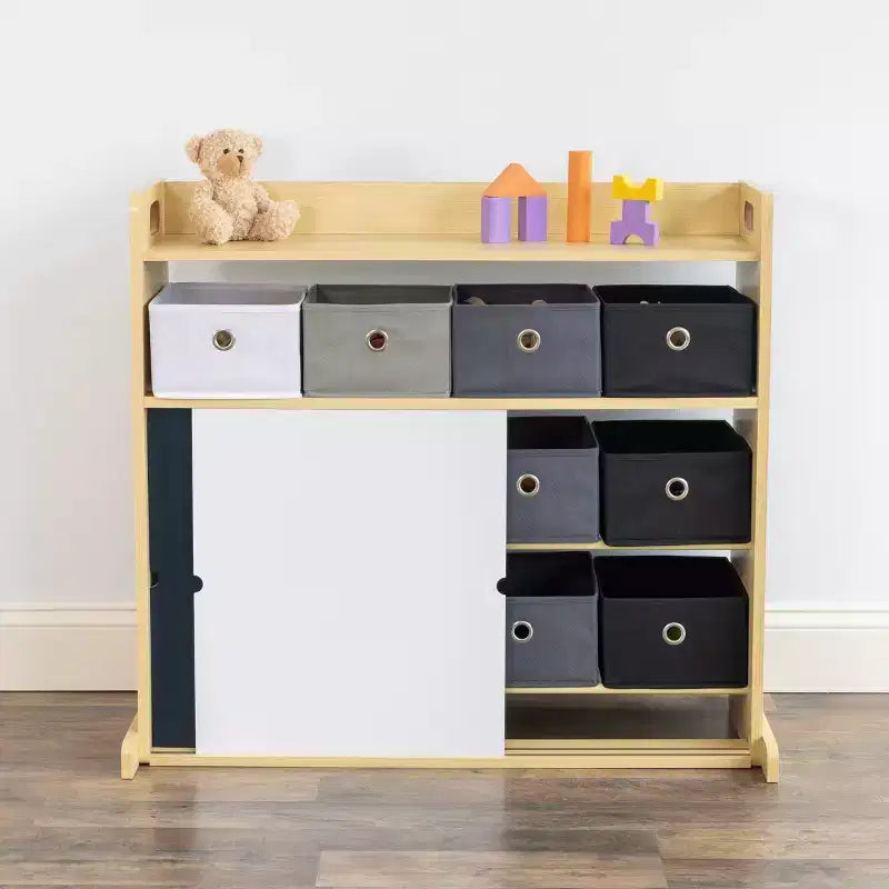 Organizer für Kinder mit Stoffboxen und Kritzel-Türen in Naturholzoptik: MDF-Gestell, 1 Regalboden, ab 2 Jahren, 34" B x 32" H