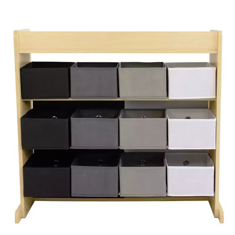 Organizer für Kinder mit Stoffboxen und Kritzel-Türen in Naturholzoptik: MDF-Gestell, 1 Regalboden, ab 2 Jahren, 34" B x 32" H