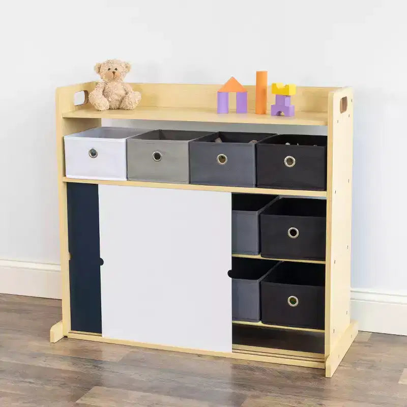 Organizer für Kinder mit Stoffboxen und Kritzel-Türen in Naturholzoptik: MDF-Gestell, 1 Regalboden, ab 2 Jahren, 34" B x 32" H
