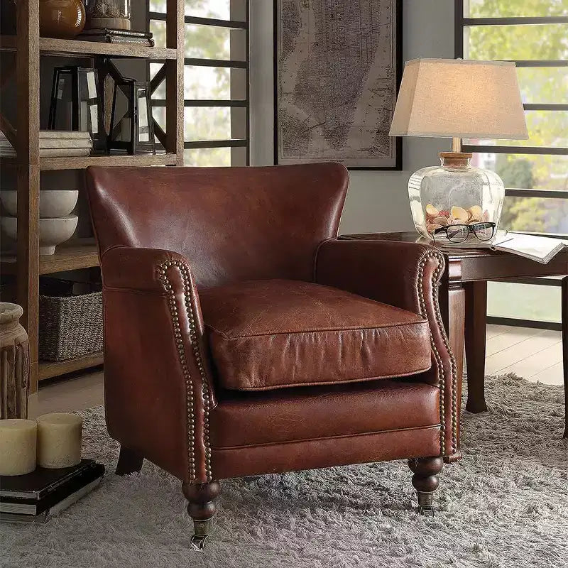 Fauteuil d’appoint vintage en cuir pleine fleur brun foncé