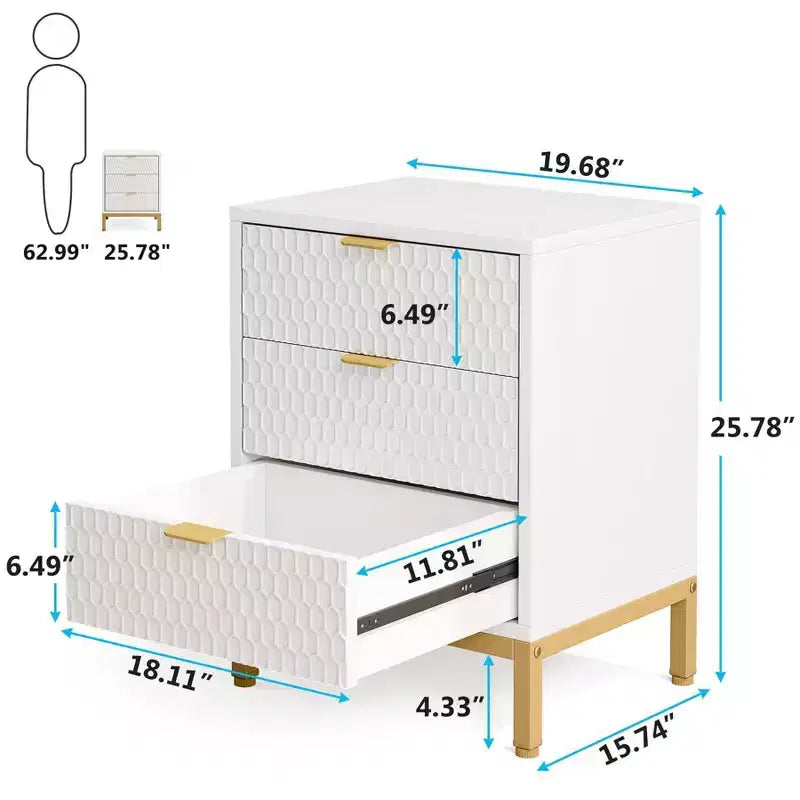 Table de chevet moderne à 3 tiroirs de rangement, blanche