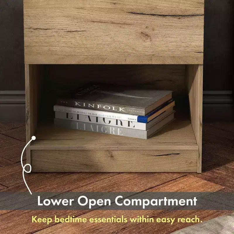 Table de chevet moderne à 1 tiroir avec prises électriques, chêne clair