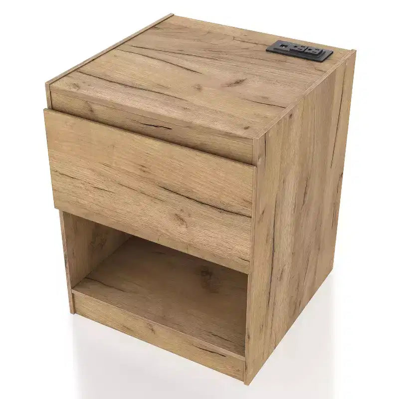 Table de chevet moderne à 1 tiroir avec prises électriques, chêne clair
