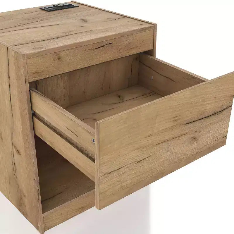 Table de chevet moderne à 1 tiroir avec prises électriques, chêne clair