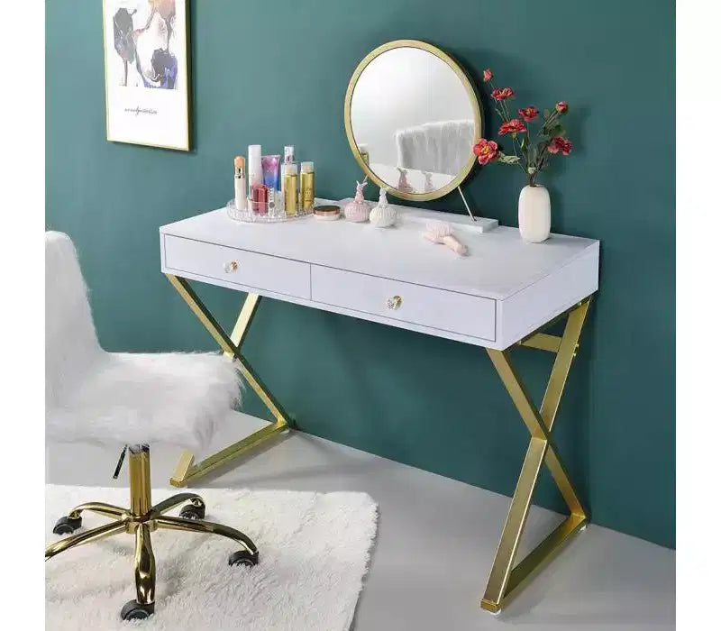 Coiffeuse de style classique moderne, finition blanche et dorée