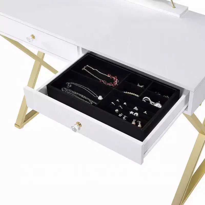 Coiffeuse de style classique moderne, finition blanche et dorée