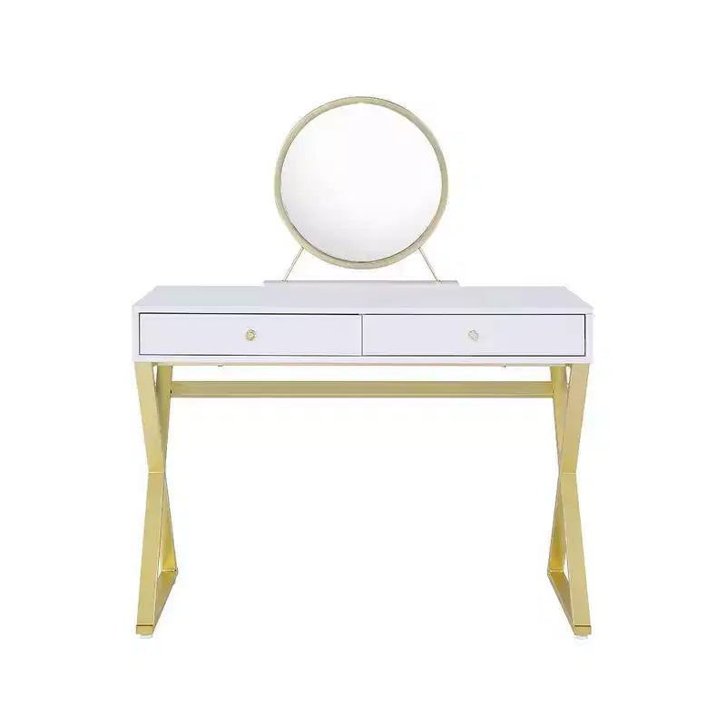 Coiffeuse de style classique moderne, finition blanche et dorée