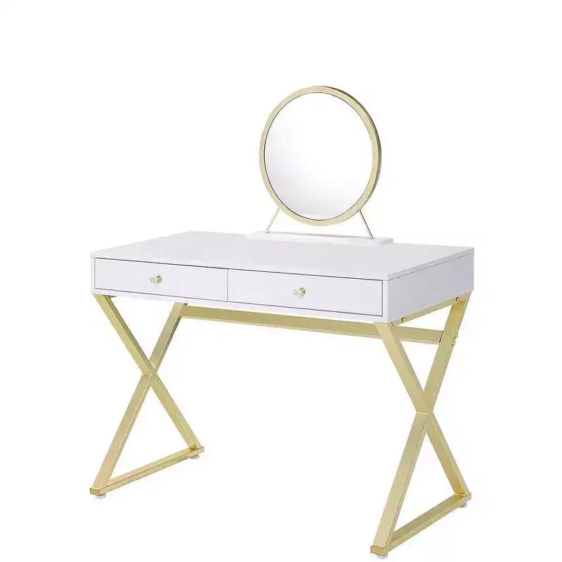 Coiffeuse de style classique moderne, finition blanche et dorée