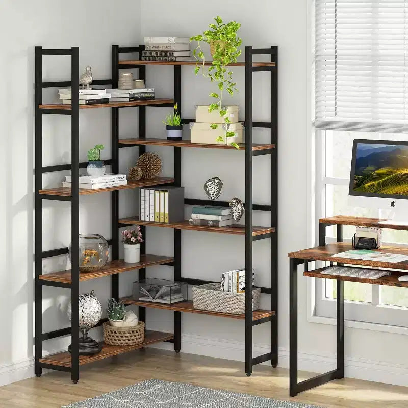Bibliothèque d’angle à 8 niveaux de 70.8&amp;#34;, marron