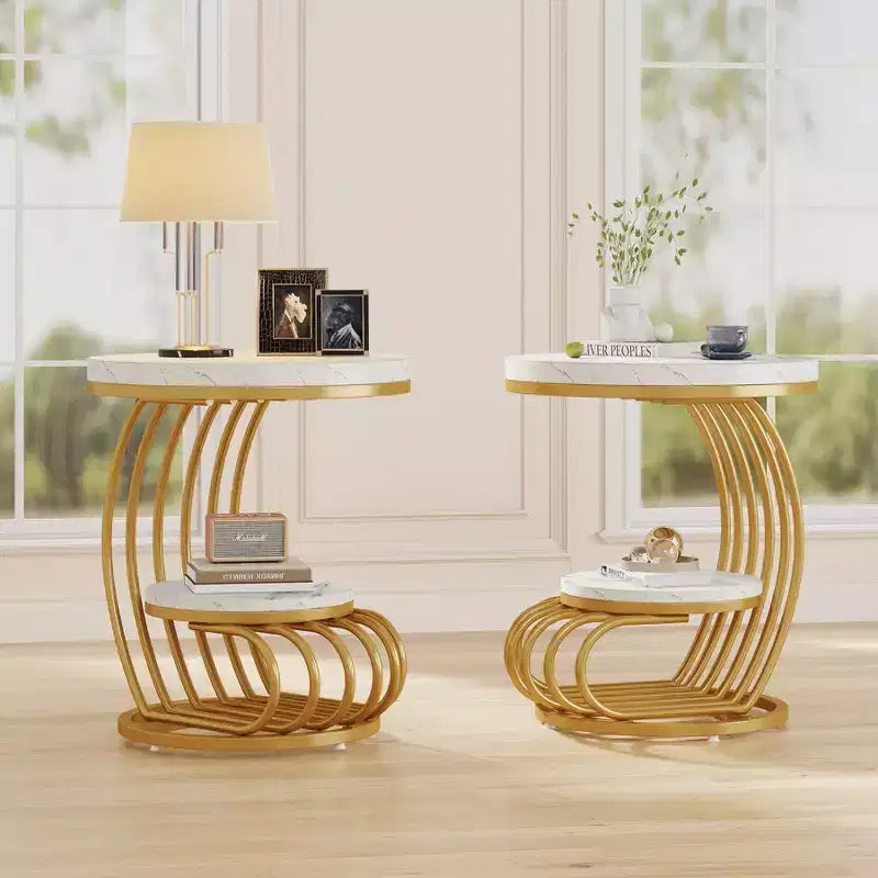 Table d’appoint à 2 niveaux de style classique moderne, blanche et dorée