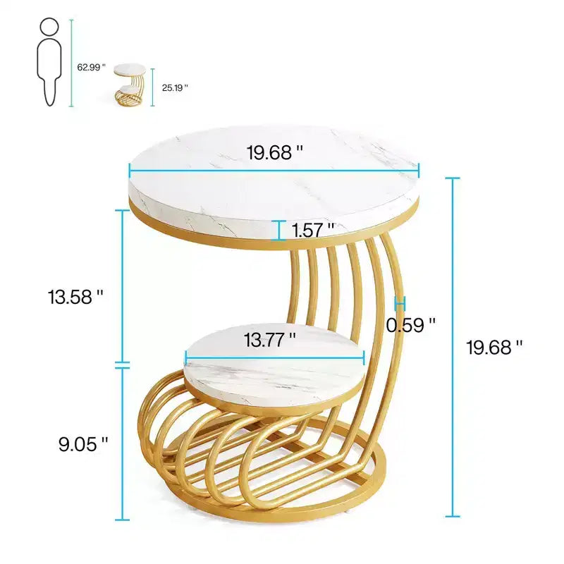 Table d’appoint à 2 niveaux de style classique moderne, blanche et dorée
