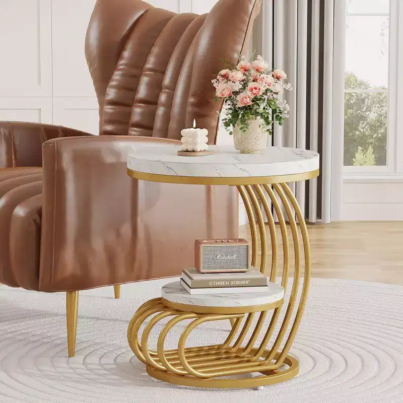 Table d’appoint à 2 niveaux de style classique moderne, blanche et dorée