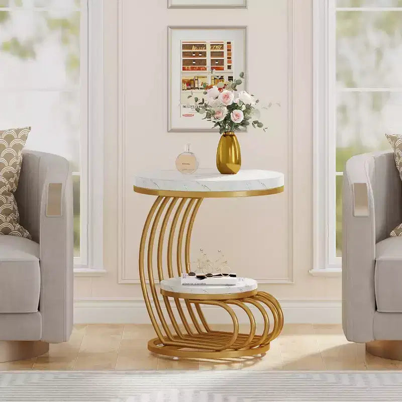 Table d’appoint à 2 niveaux de style classique moderne, blanche et dorée