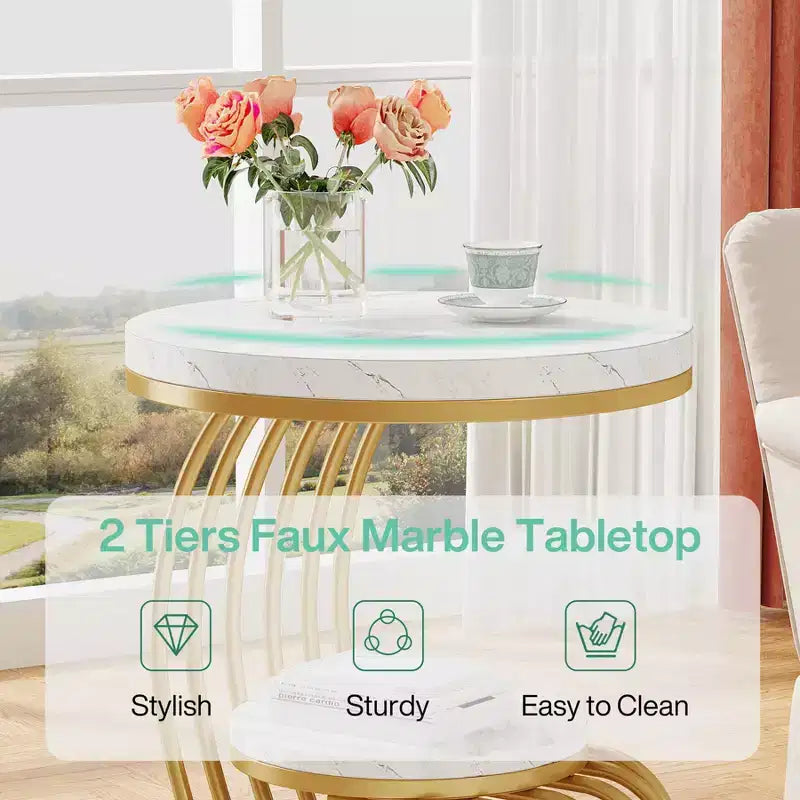 Table d’appoint à 2 niveaux de style classique moderne, blanche et dorée