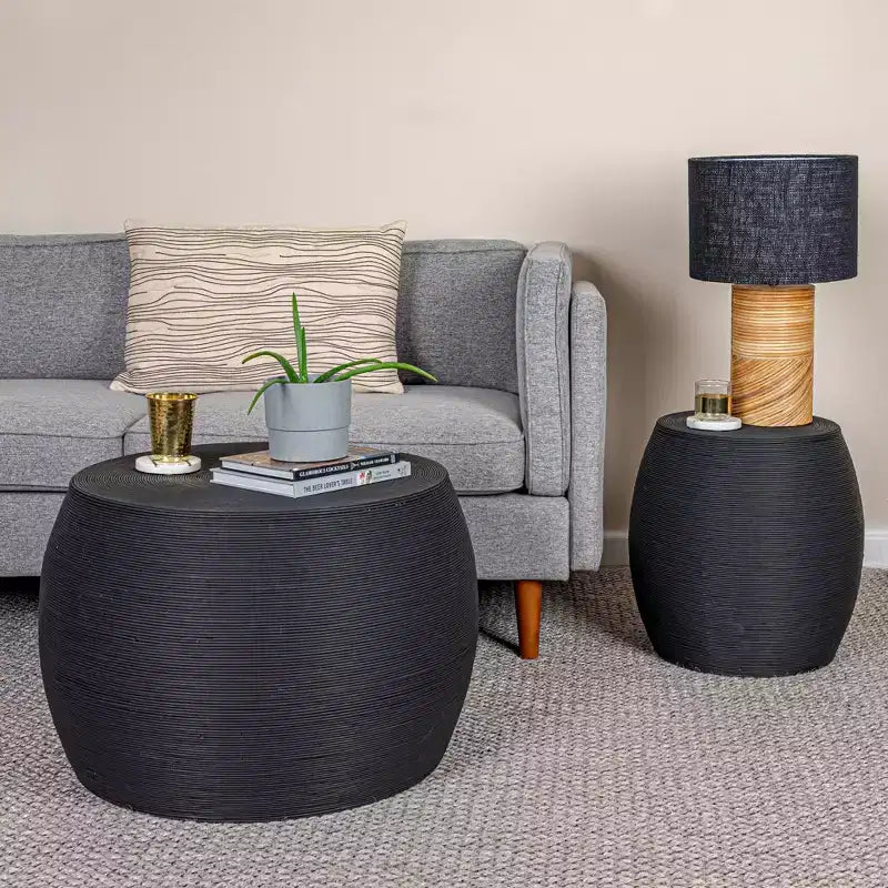Table d’appoint ronde en forme de tonneau, style classique, noire