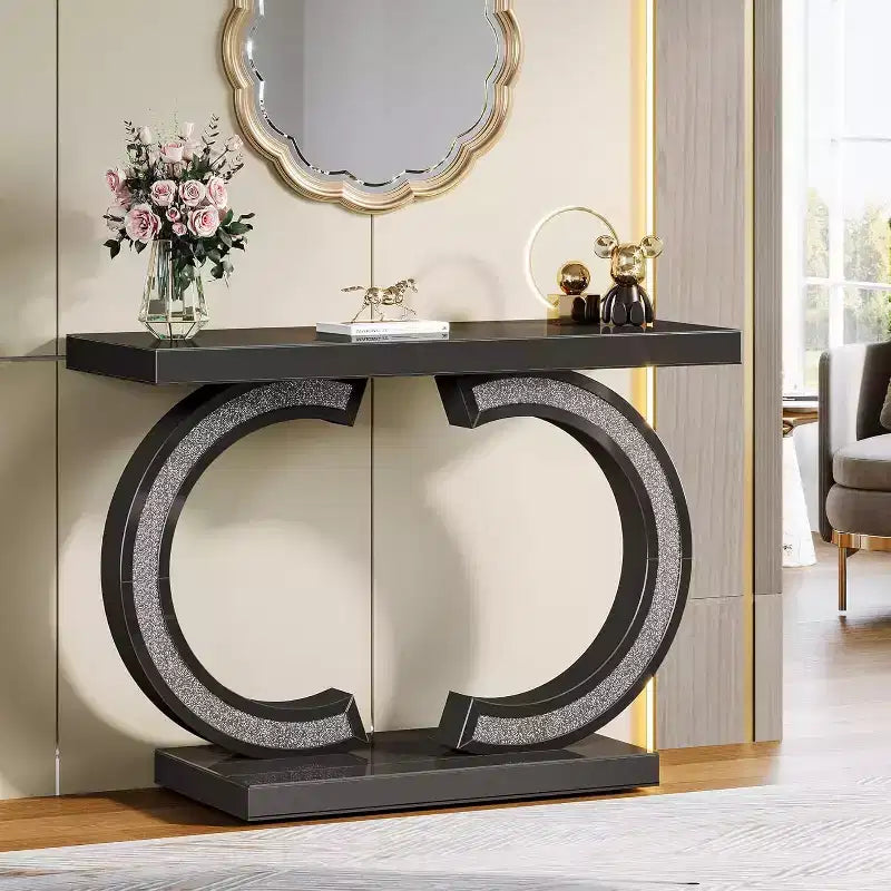 Mesa consola moderna con espejo de 39 pulgadas e incrustaciones de cristales brillantes