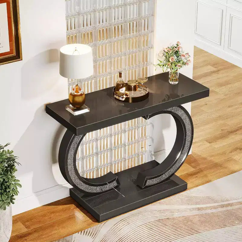 Mesa consola moderna con espejo de 39 pulgadas e incrustaciones de cristales brillantes