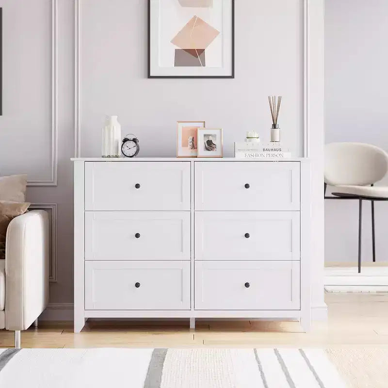 Cómoda de 6 cajones, moderna, con cajones profundos y tiradores redondos de níquel