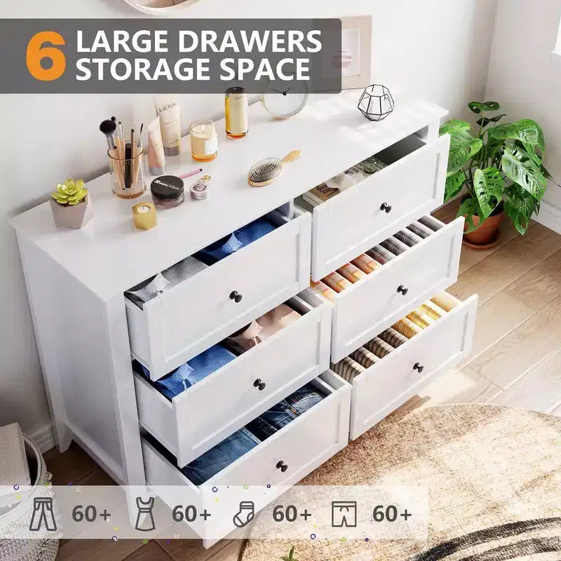 Cómoda de 6 cajones, moderna, con cajones profundos y tiradores redondos de níquel