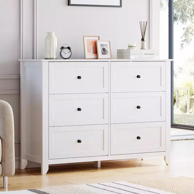 Cómoda de 6 cajones, moderna, con cajones profundos y tiradores redondos de níquel