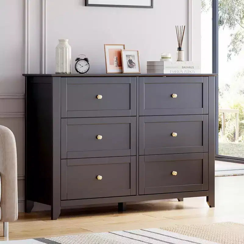 Commode à 6 tiroirs, commode moderne avec tiroirs profonds et poignées rondes nickelées