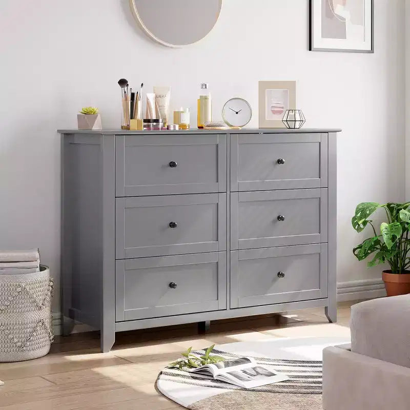 Commode à 6 tiroirs, commode moderne avec tiroirs profonds et poignées rondes nickelées