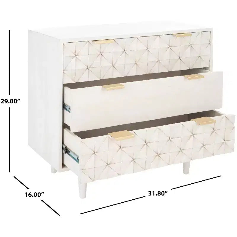 Elegante cómoda de 3 cajones en blanco desgastado