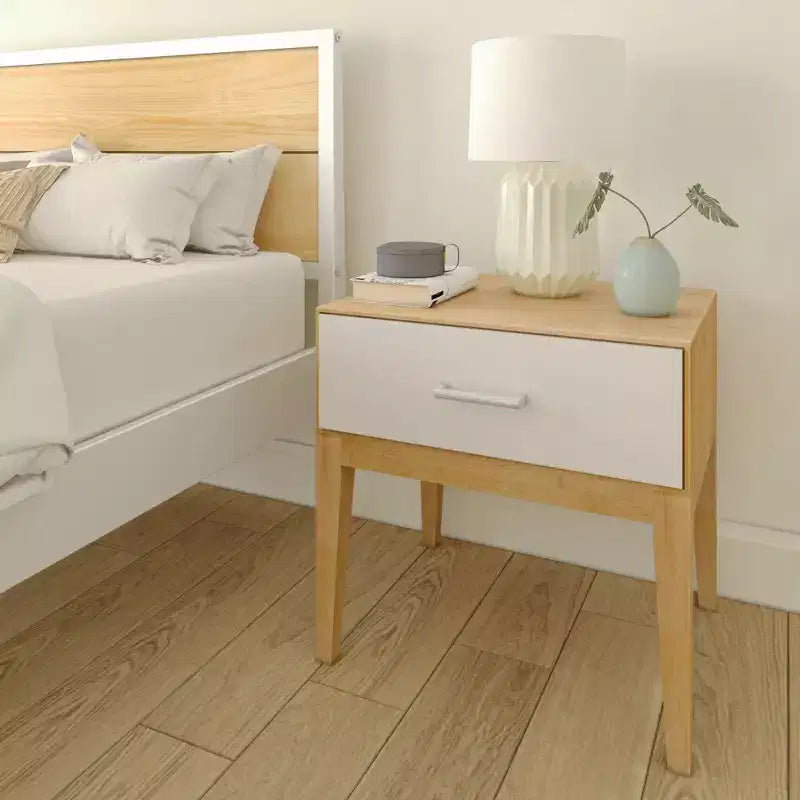Table de chevet en bois avec 1 tiroir, table d’appoint en bois avec rangement pour chambre, table de chevet, blanc/bouleau