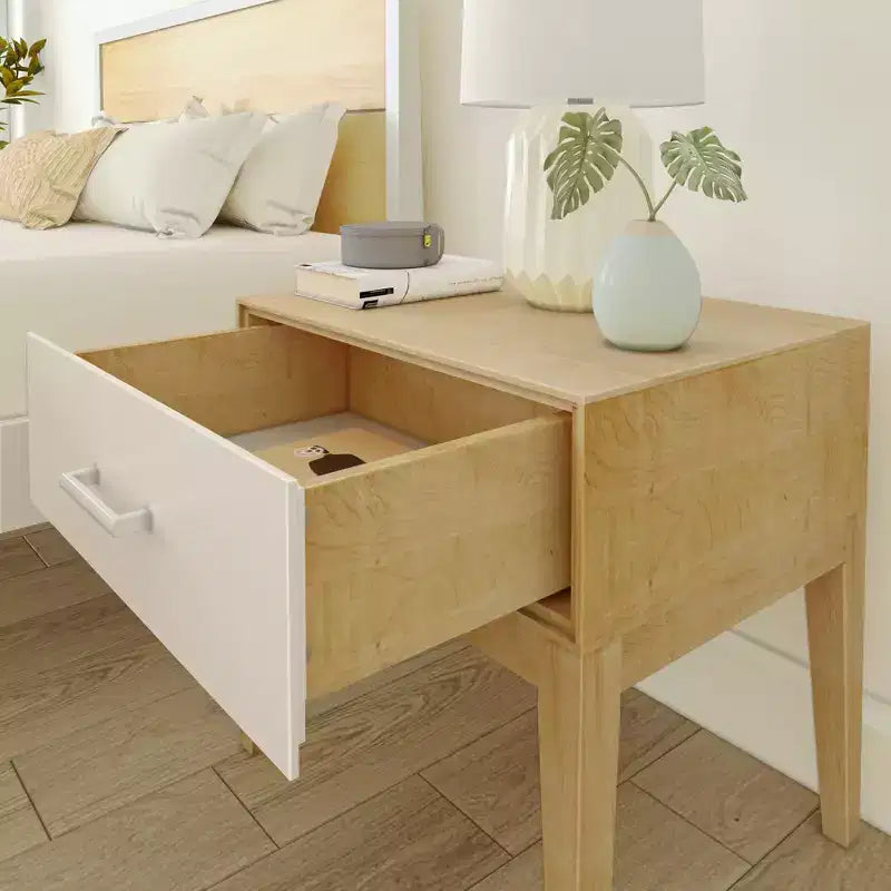 Nachttisch aus Holz mit 1 Schublade, Beistelltisch aus Holz zur Aufbewahrung im Schlafzimmer, Nachttisch, Weiß/Birke