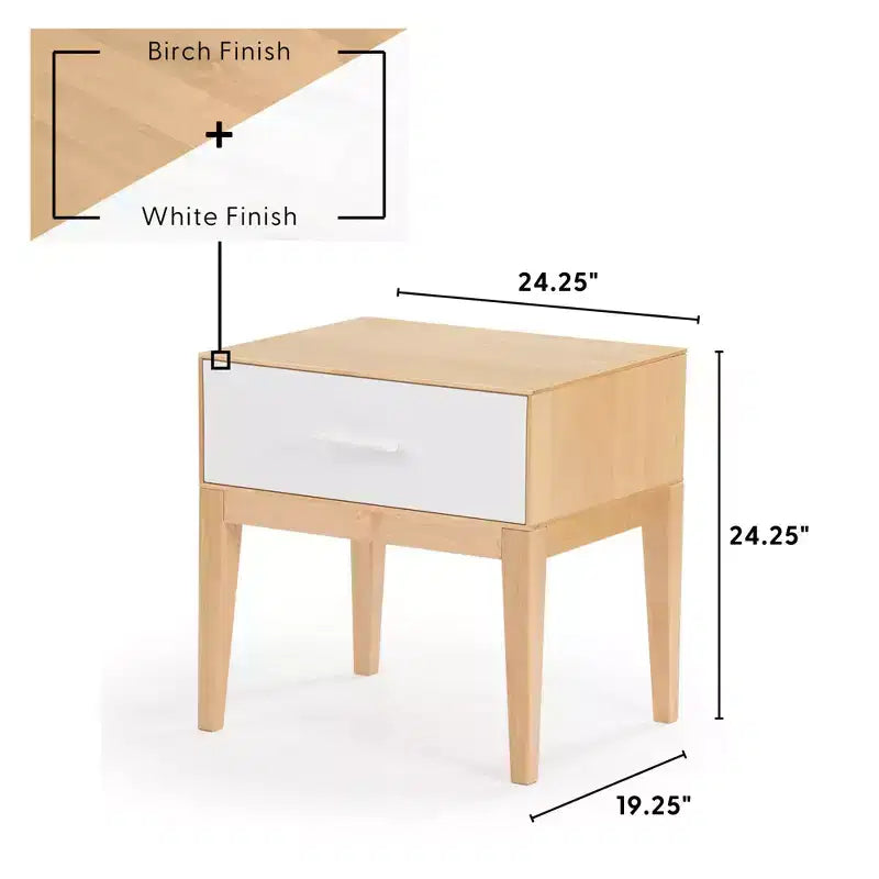 Nachttisch aus Holz mit 1 Schublade, Beistelltisch aus Holz zur Aufbewahrung im Schlafzimmer, Nachttisch, Weiß/Birke