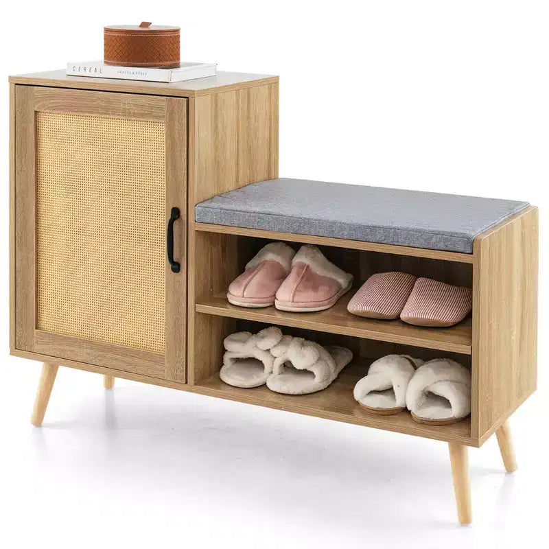 Costway 2-in-1 Rattan Shoe Cabinet with Bench 3 Adjustable Shelves &amp; Solid Pine Wood Legs