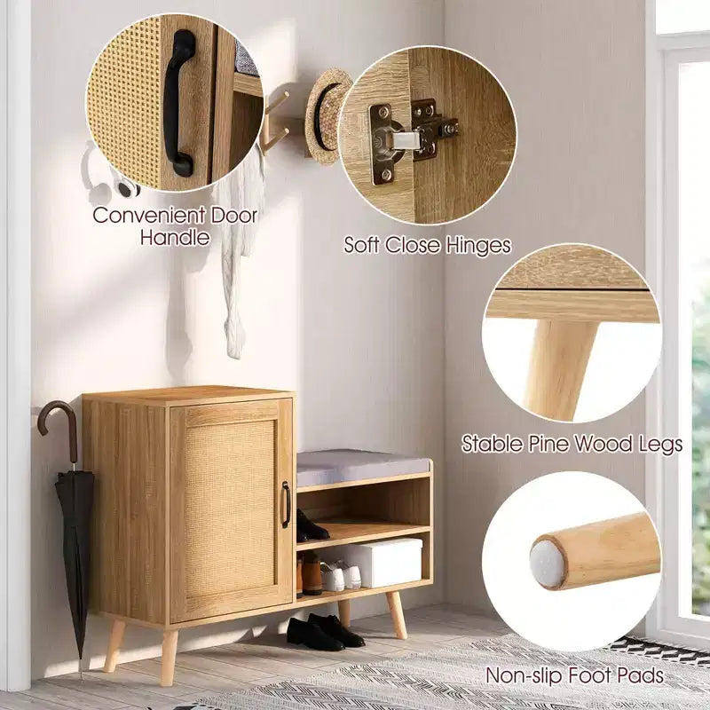 2-in-1-Rattanschuhschrank mit Sitzbank, 3 verstellbare Einlegeböden und Beine aus massivem Kiefernholz