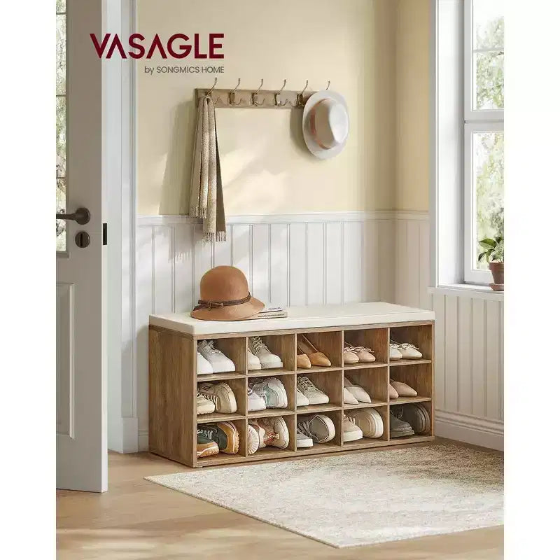 Schuhregal-Sitzbank mit Kissen und 15 Fächern