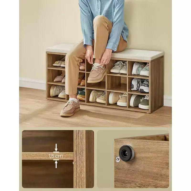 Schuhregal-Sitzbank mit Kissen und 15 Fächern