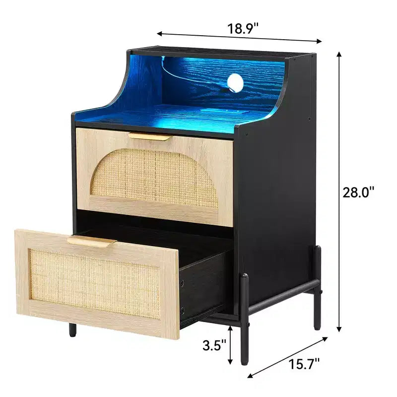 Table de chevet en rotin avec éclairage LED et station de recharge, table de chevet noire avec 2 tiroirs de rangement pour la chambre, le salon ou une résidence étudiante