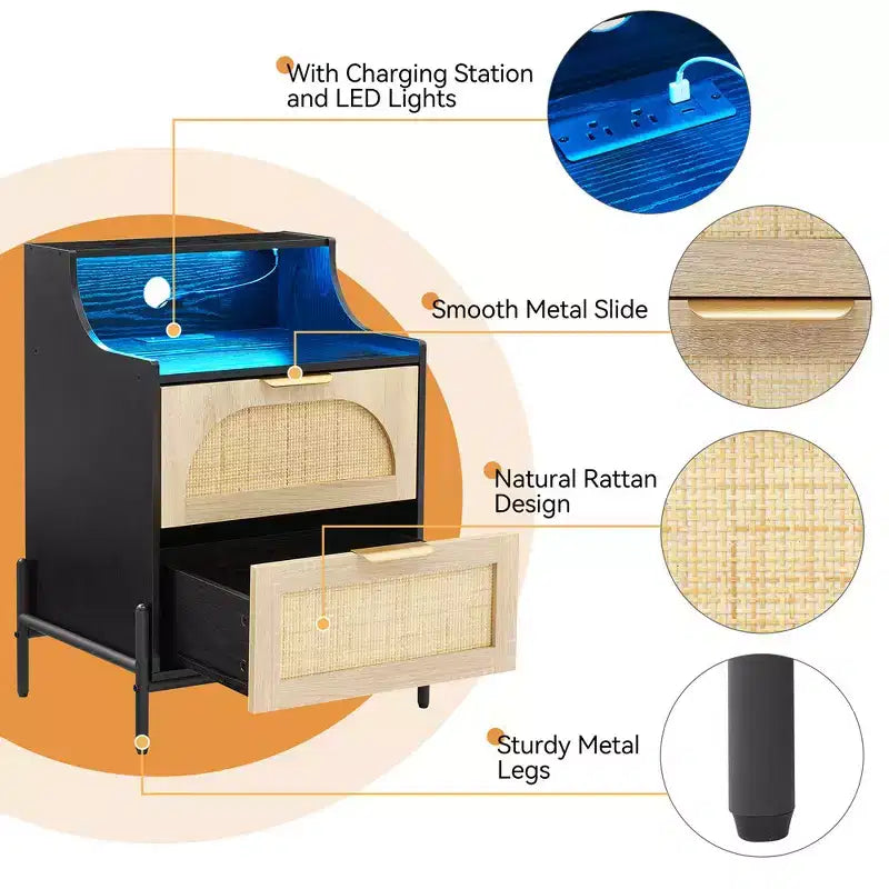 Table de chevet en rotin avec éclairage LED et station de recharge, table de chevet noire avec 2 tiroirs de rangement pour la chambre, le salon ou une résidence étudiante