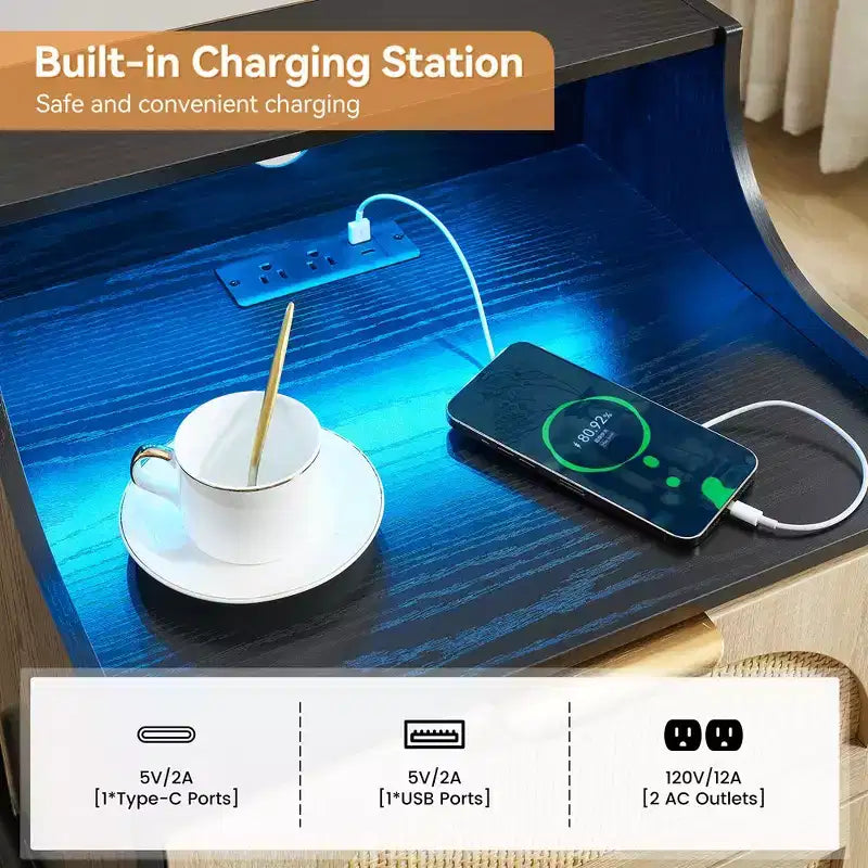 Table de chevet en rotin avec éclairage LED et station de recharge, table de chevet noire avec 2 tiroirs de rangement pour la chambre, le salon ou une résidence étudiante