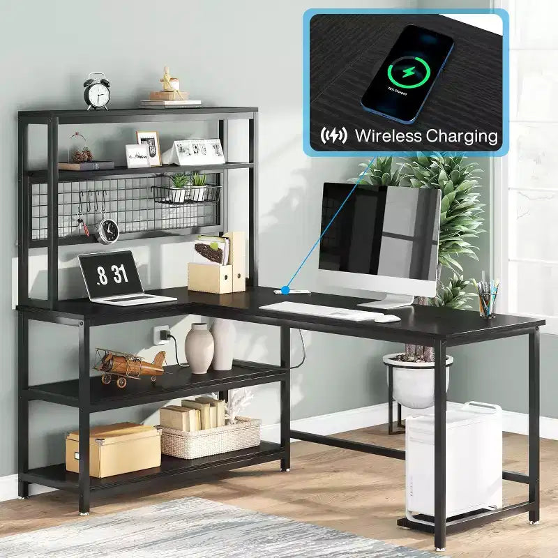 Grand bureau d’ordinateur de 55.11 avec recharge sans fil et 5 étagères de rangement