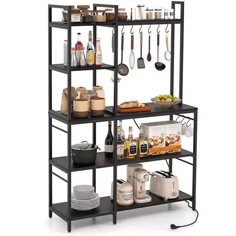Costway Bakers Rack 5-Tier Coffee Bar Table with 10 S-Shaped Hooks &amp; Power Outlets Rustic Brown/Black