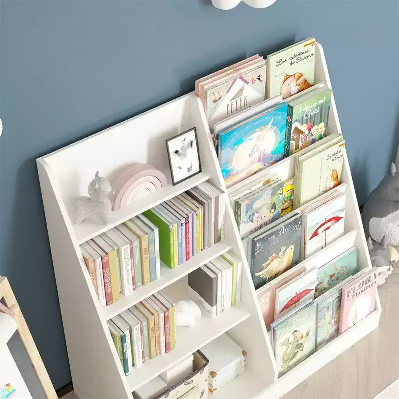 Bibliothèque en bois pour enfants à 4 niveaux, bibliothèque à 6 niveaux avec rangements suspendus, étagère de rangement pour bébé, présentoir à livres, meuble organisateur pour livres et jouets pour chambre d’enfant ou salle de jeux