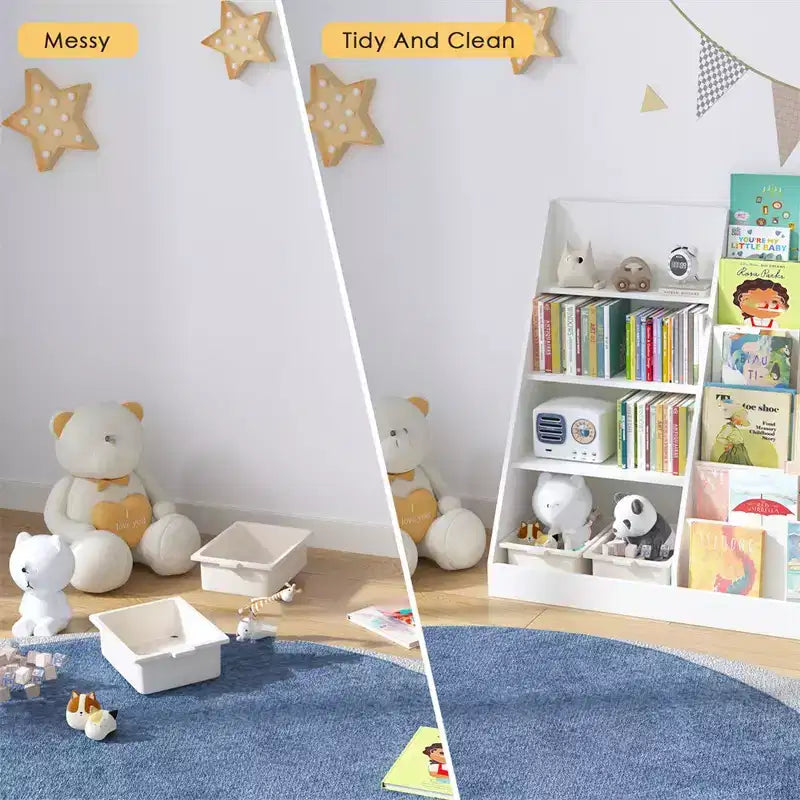 Bibliothèque en bois pour enfants à 4 niveaux, bibliothèque à 6 niveaux avec rangements suspendus, étagère de rangement pour bébé, présentoir à livres, meuble organisateur pour livres et jouets pour chambre d’enfant ou salle de jeux