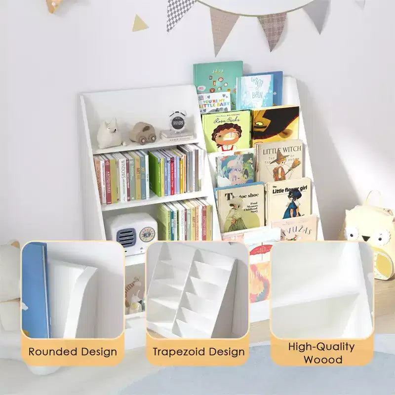 Bibliothèque en bois pour enfants à 4 niveaux, bibliothèque à 6 niveaux avec rangements suspendus, étagère de rangement pour bébé, présentoir à livres, meuble organisateur pour livres et jouets pour chambre d’enfant ou salle de jeux