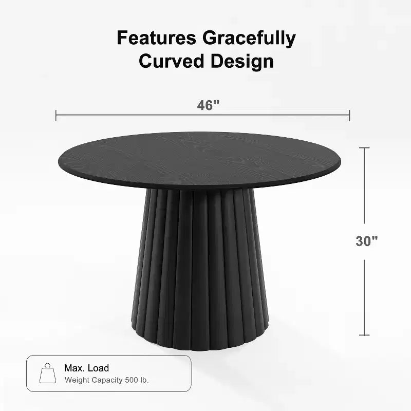 Table de salle à manger ronde en bois noir avec piètement design, pour 6 personnes