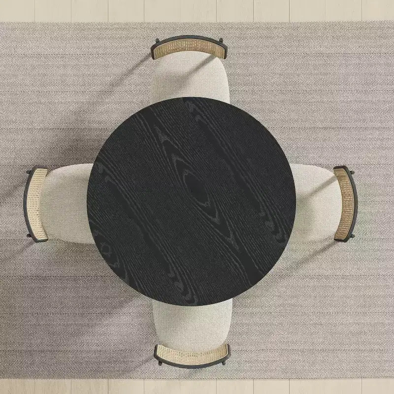 Mesa de comedor redonda de madera negra con base de diseño para 6 personas