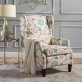 Fauteuil inclinable contemporain à oreilles en tissu, à dossier inclinable par poussée, beige clair et à fleurs bleues