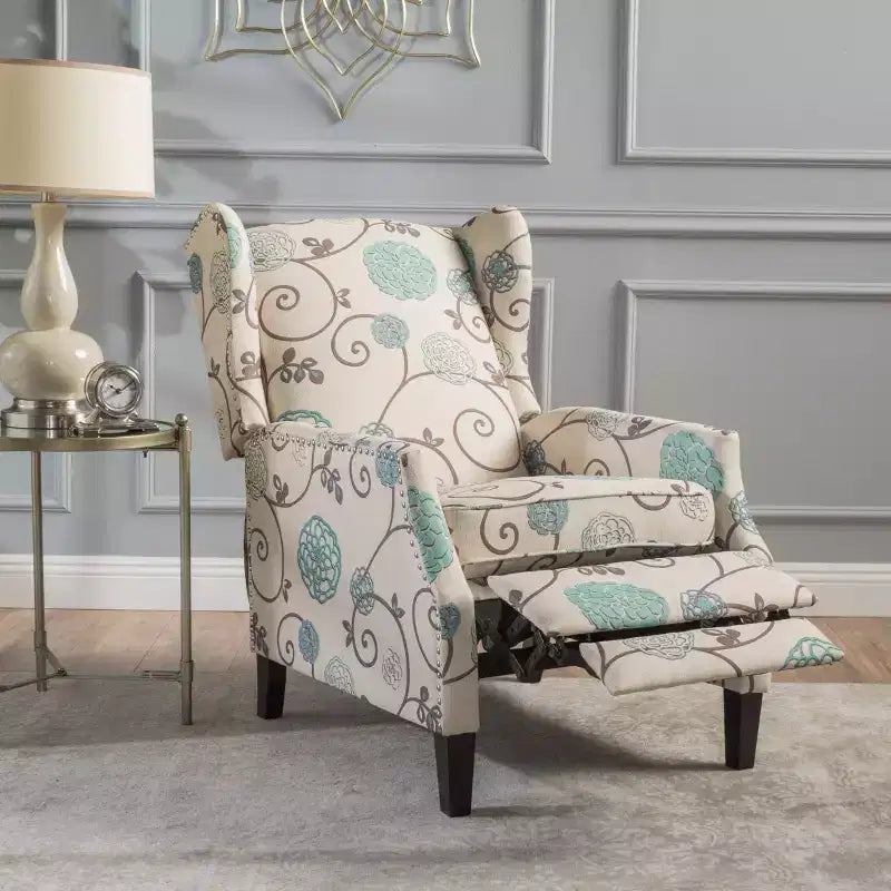 Fauteuil inclinable contemporain à oreilles en tissu, à dossier inclinable par poussée, beige clair et à fleurs bleues