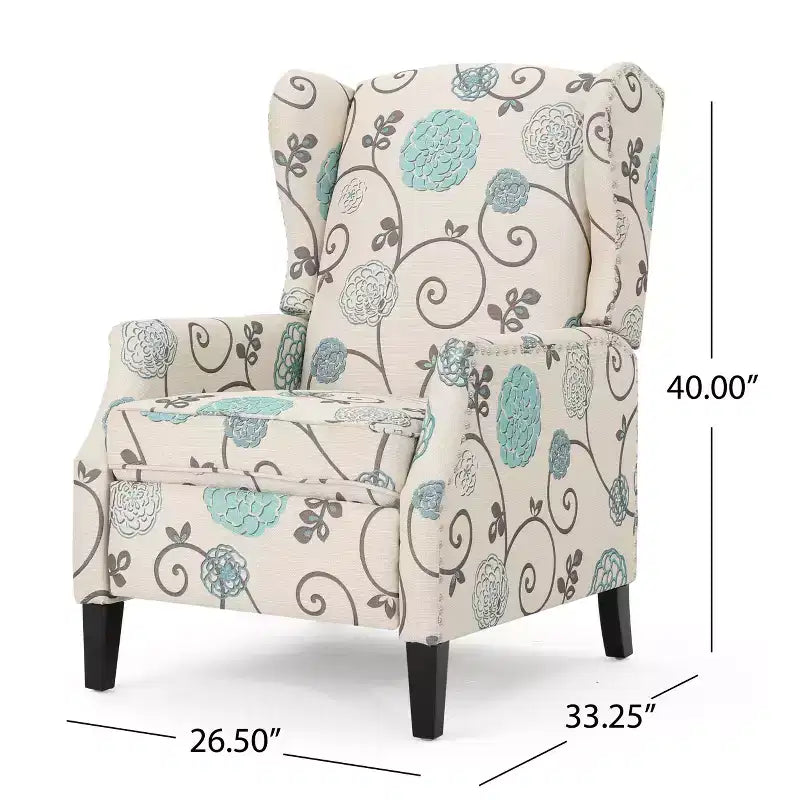 Fauteuil inclinable contemporain à oreilles en tissu, à dossier inclinable par poussée, beige clair et à fleurs bleues