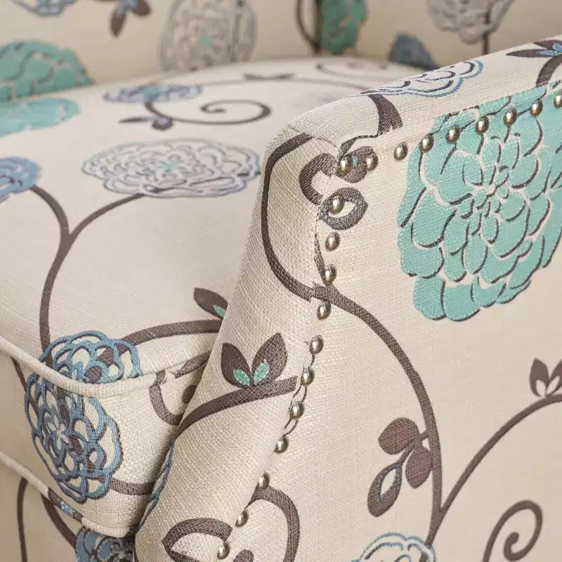 Fauteuil inclinable contemporain à oreilles en tissu, à dossier inclinable par poussée, beige clair et à fleurs bleues